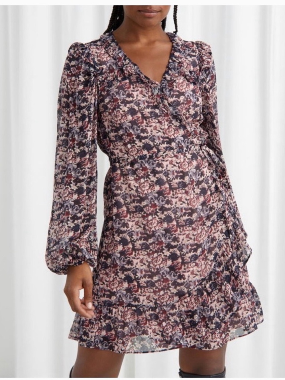 & Other Stories Floral Chiffon Mini Dress in Black and Blush